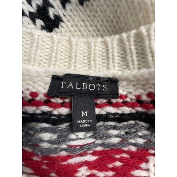 Talbots Sweater Warm Winter Medium Red Black Cream Nordic Fair isle Wool Blend - Picture 4 of 5